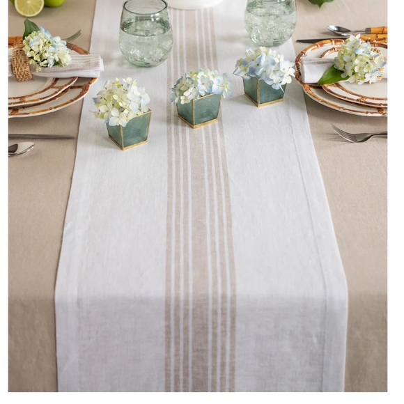Solino Home 100% Linen Farmhouse Table Runner. 14”x132”. White with natural. New - Picture 2 of 5